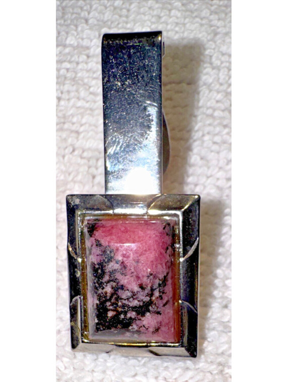 Vintage Rhodonite Stone Tie Clip Silver Tone Mens Tie Bar Pink Black